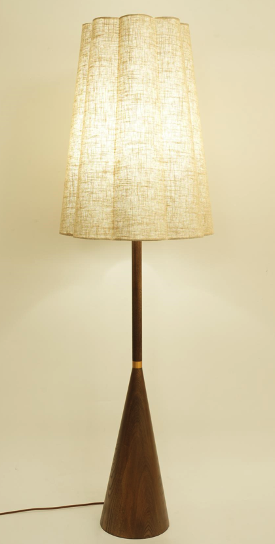 Natural linen scalloped shade and walnut wood floor lamp STS