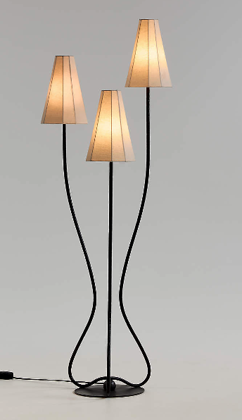 3 light hammered metal floor lamp with linen shades STS