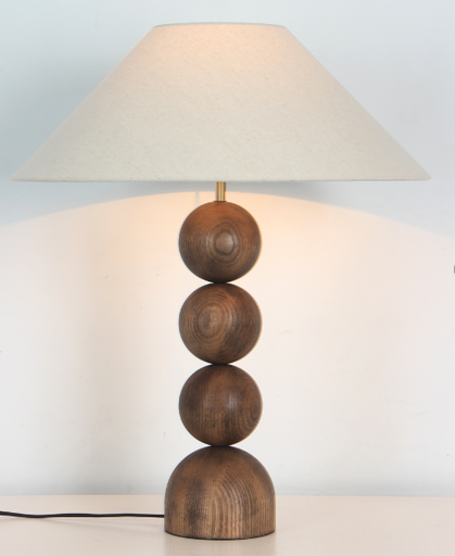 [GLTL0006] Walnut wood balls with linen shade table lamp STS